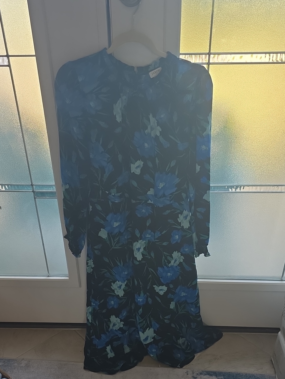 J. Crew Black and Blue Floral Long-Sleeve Midi Dress